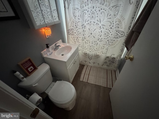 1213 W College Ave, York, PA 17404 - full bathroom with vanity, toilet, wood finished floors, and a shower with curtain