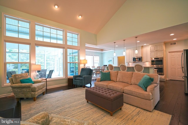 29486 Andrew Jackson Dr, Millsboro, DE 19966 - living room featuring dark wood-type flooring, recessed lighting, high vaulted ceiling, and baseboards