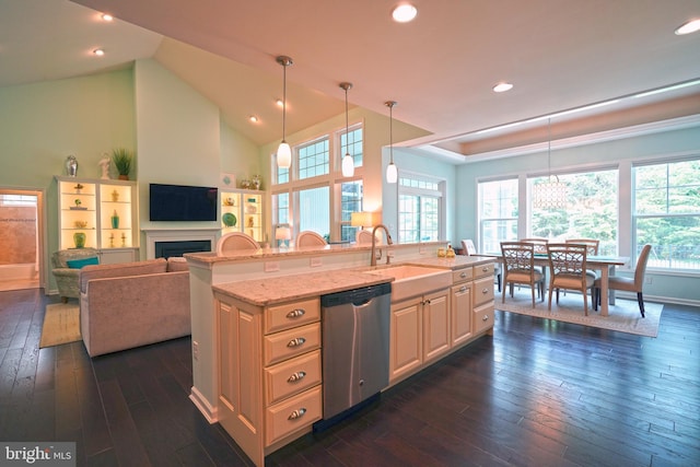 29486 Andrew Jackson Dr, Millsboro, DE 19966 - kitchen featuring stainless steel dishwasher, a sink, dark wood finished floors, light stone counters, and open floor plan
