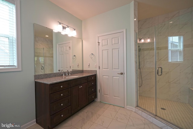 29486 Andrew Jackson Dr, Millsboro, DE 19966 - bathroom featuring vanity, a shower stall, healthy amount of natural light, and marble finish flooring