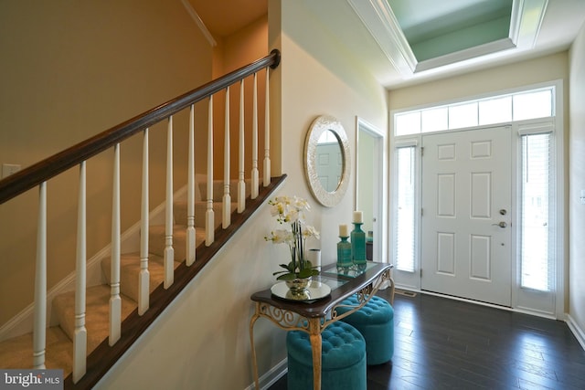 29486 Andrew Jackson Dr, Millsboro, DE 19966 - foyer entrance with dark wood-style floors, stairs, and ornamental molding