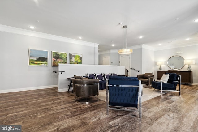 23630 Havelock Walk Ter Unit 205, Ashburn, VA 20148 - living area featuring wood finished floors, ornamental molding, baseboards, and recessed lighting