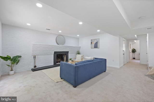 1612 Lemontree Ln, Silver Spring, MD 20904 - living room with carpet flooring, a brick fireplace, recessed lighting, and baseboards