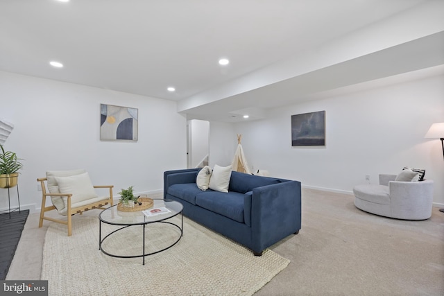 1612 Lemontree Ln, Silver Spring, MD 20904 - living room featuring recessed lighting, baseboards, light colored carpet, and stairs