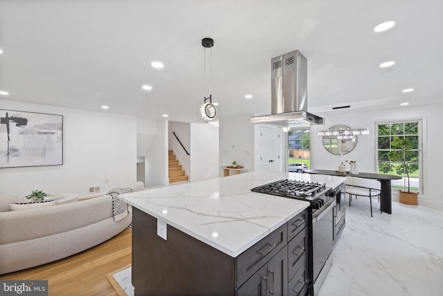1612 Lemontree Ln, Silver Spring, MD 20904 - kitchen featuring island range hood, stainless steel range with gas stovetop, open floor plan, a kitchen island, and recessed lighting