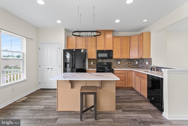 326 Iannelli Rd, Clarksboro, NJ 08020 - kitchen featuring black appliances, a sink, a kitchen island, decorative backsplash, and dark wood-style floors