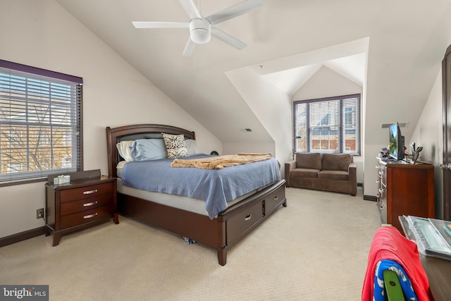 8861 Ashgrove House Ln, Vienna, VA 22182 - bedroom with vaulted ceiling, light carpet, baseboards, and a ceiling fan