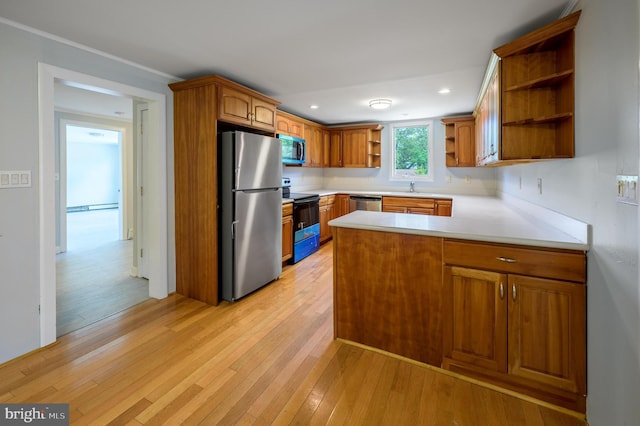 624 Hunt Ave, Trenton, NJ 08610 - kitchen featuring open shelves, stainless steel appliances, a sink, a peninsula, and light wood-style floors