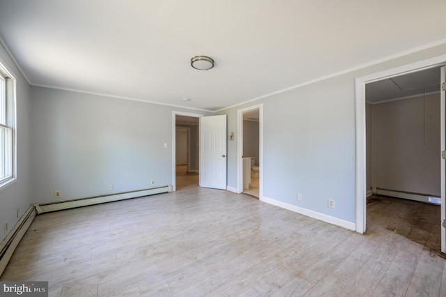 624 Hunt Ave, Trenton, NJ 08610 - unfurnished bedroom featuring a baseboard radiator, attic access, wood finished floors, a spacious closet, and crown molding