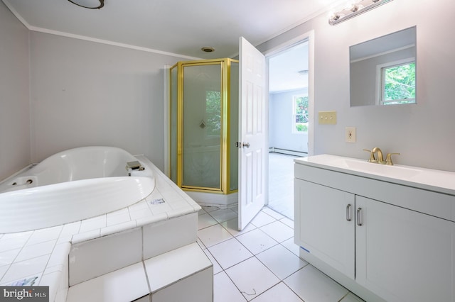 624 Hunt Ave, Trenton, NJ 08610 - bathroom featuring vanity, a stall shower, crown molding, a bath, and healthy amount of natural light