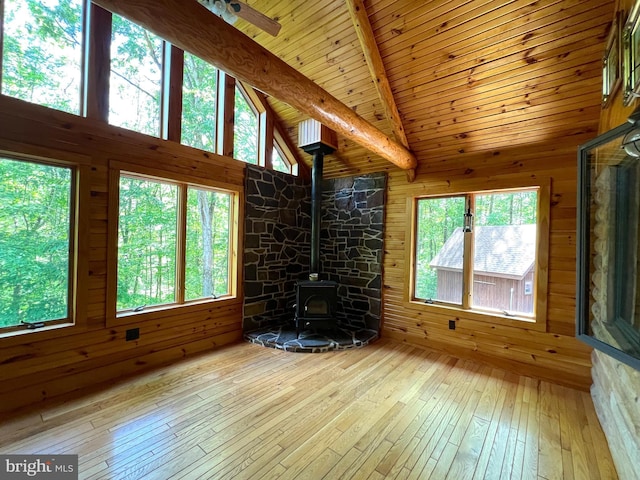 11882 Bumbarger Cir, Petersburg, PA 16669 - unfurnished living room with a wood stove, wood-type flooring, high vaulted ceiling, wooden walls, and wood ceiling with exposed beams