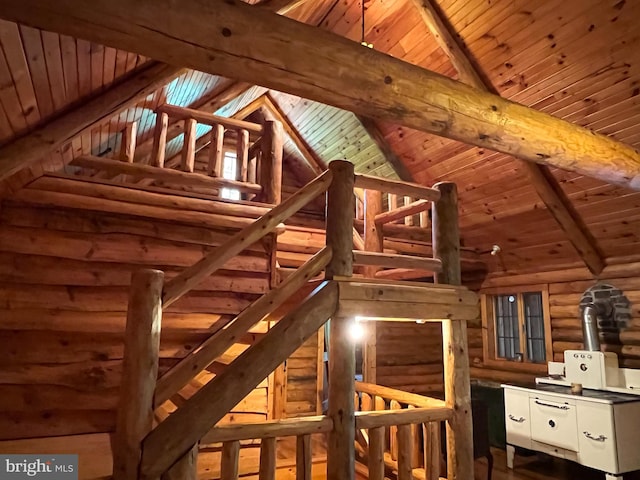 11882 Bumbarger Cir, Petersburg, PA 16669 - hallway featuring rustic walls, wooden ceiling with exposed beams, wood finished floors, an upstairs landing, and high vaulted ceiling