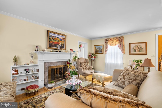 5409 20th Ave, Hyattsville, MD 20782 - living room with crown molding, wood finished floors, and a brick fireplace