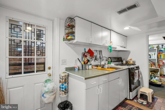 5409 20th Ave, Hyattsville, MD 20782 - kitchen with gas stove, under cabinet range hood, wood finished floors, a sink, and white cabinets