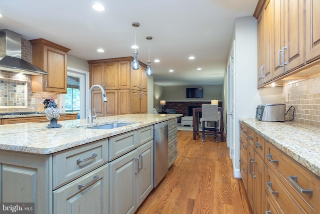 17 Bridleshire Rd, Newark, DE 19711 - kitchen featuring wall chimney range hood, a sink, stainless steel dishwasher, light wood-type flooring, and recessed lighting