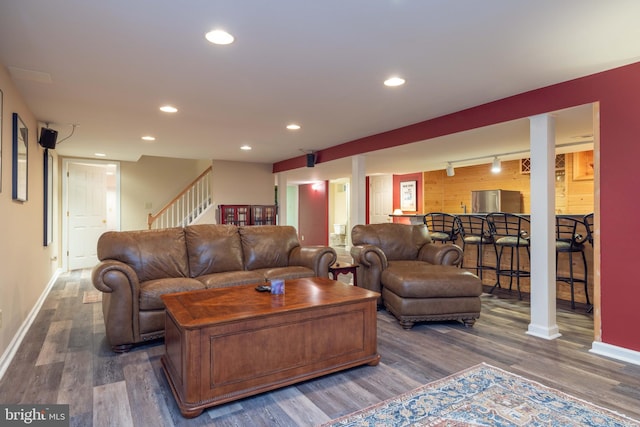 17 Bridleshire Rd, Newark, DE 19711 - living area with dark wood finished floors, baseboards, stairs, and recessed lighting