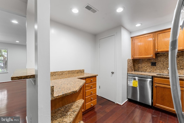 9 Alpen Green Ct Unit 20-208, Burtonsville, MD 20866 - kitchen with dishwasher, dark wood-style flooring, backsplash, light stone countertops, and brown cabinetry