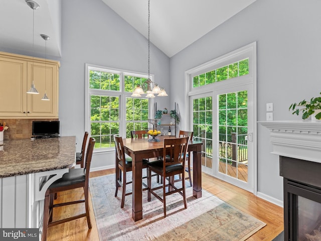 928 Township Line Rd, Chalfont, PA 18914 - dining area featuring a multi sided fireplace, healthy amount of natural light, high vaulted ceiling, light wood finished floors, and a chandelier