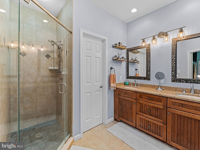 928 Township Line Rd, Chalfont, PA 18914 - bathroom featuring a stall shower, double vanity, and tile patterned flooring