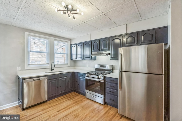 1004 N 67th St, Philadelphia, PA 19151 - kitchen featuring stainless steel appliances, a drop ceiling, a sink, under cabinet range hood, and light wood-type flooring