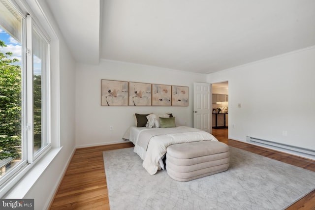 6 Roland Mews Unit R46, Baltimore, MD 21210 - bedroom with multiple windows, wood finished floors, a baseboard radiator, baseboards, and crown molding