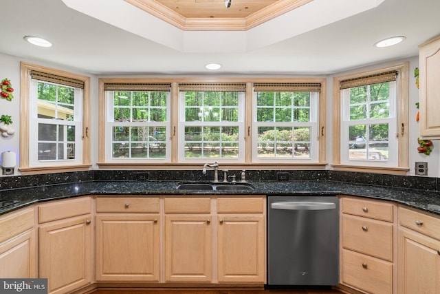 175 Mt Hope Church Rd, Stafford, VA 22554 - kitchen with dishwasher, plenty of natural light, dark stone counters, ornamental molding, and recessed lighting