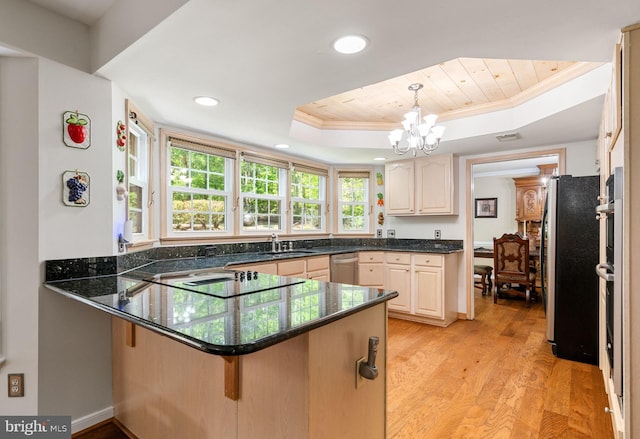 175 Mt Hope Church Rd, Stafford, VA 22554 - kitchen featuring a tray ceiling, crown molding, stainless steel appliances, a peninsula, and a chandelier