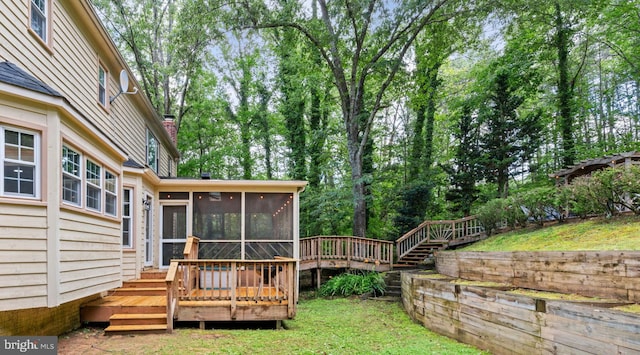 175 Mt Hope Church Rd, Stafford, VA 22554 - view of grassy yard with a sunroom, stairs, a deck, and view of wooded area