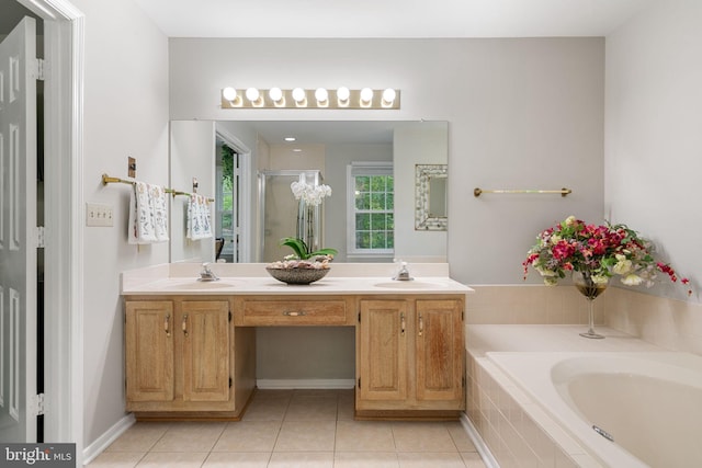 175 Mt Hope Church Rd, Stafford, VA 22554 - full bath with a bath, double vanity, a shower stall, and tile patterned flooring