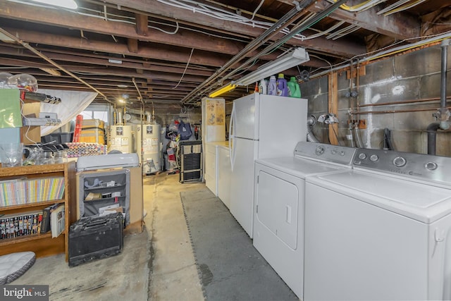 42 Lupton Ave, Woodbury, NJ 08096 - unfinished basement featuring gas water heater, separate washer and dryer, water heater, and freestanding refrigerator