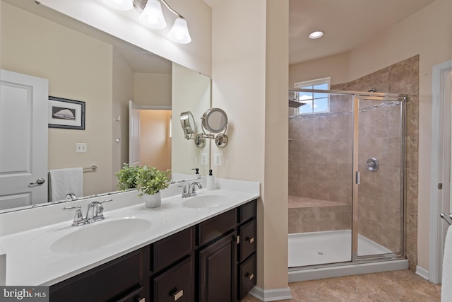 3750 Christopher Day Rd, Doylestown, PA 18902 - bathroom with double vanity, a shower stall, and tile patterned floors