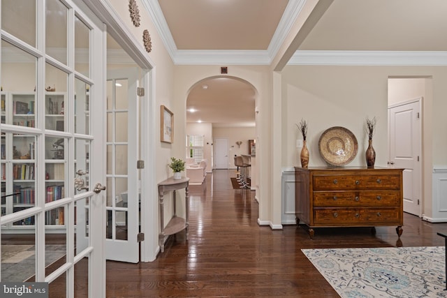 3750 Christopher Day Rd, Doylestown, PA 18902 - foyer with arched walkways, ornamental molding, dark wood finished floors, and french doors