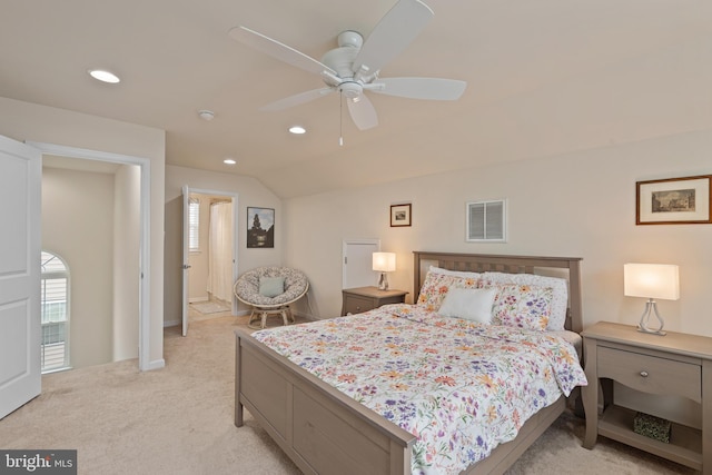 3750 Christopher Day Rd, Doylestown, PA 18902 - bedroom featuring light colored carpet, vaulted ceiling, recessed lighting, and a ceiling fan