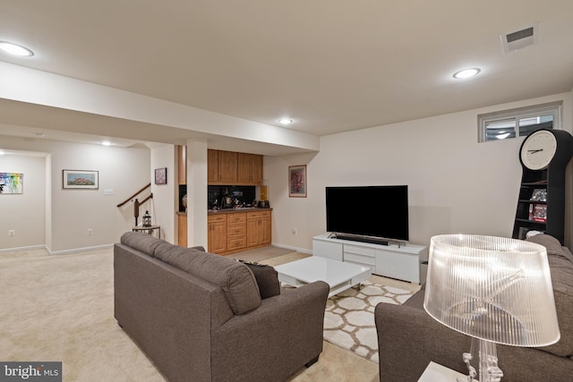 3750 Christopher Day Rd, Doylestown, PA 18902 - living room with stairs, recessed lighting, and light carpet