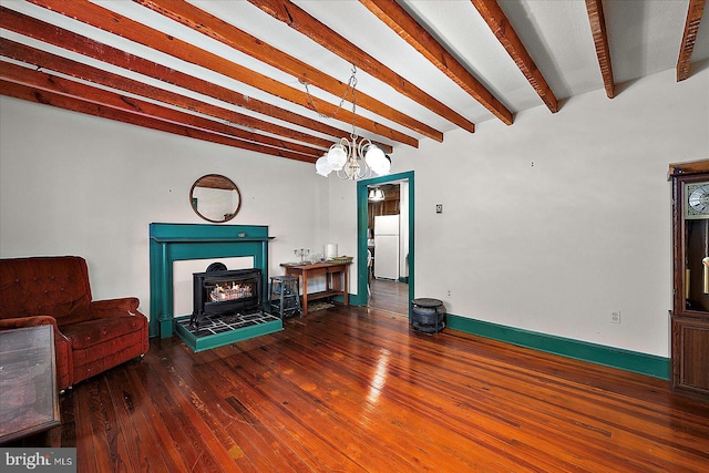 13220 Bank St, Bishopville, MD 21813 - living area with beam ceiling, wood-type flooring, a chandelier, and baseboards