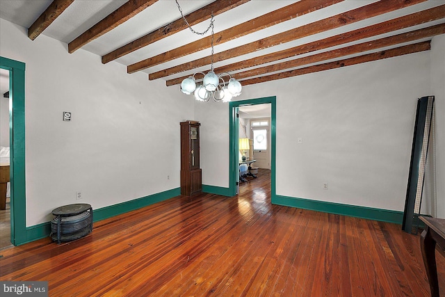 13220 Bank St, Bishopville, MD 21813 - unfurnished room with beam ceiling, a chandelier, wood-type flooring, and baseboards