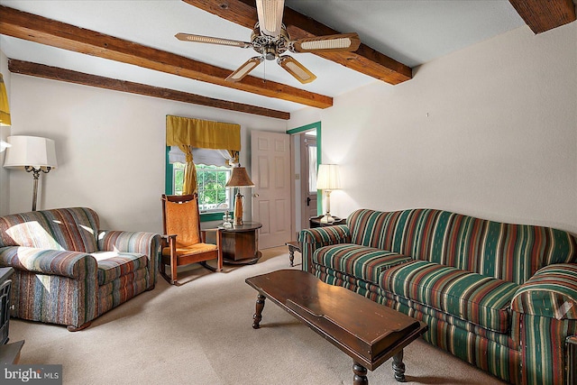 13220 Bank St, Bishopville, MD 21813 - living room featuring carpet flooring, a ceiling fan, and beam ceiling