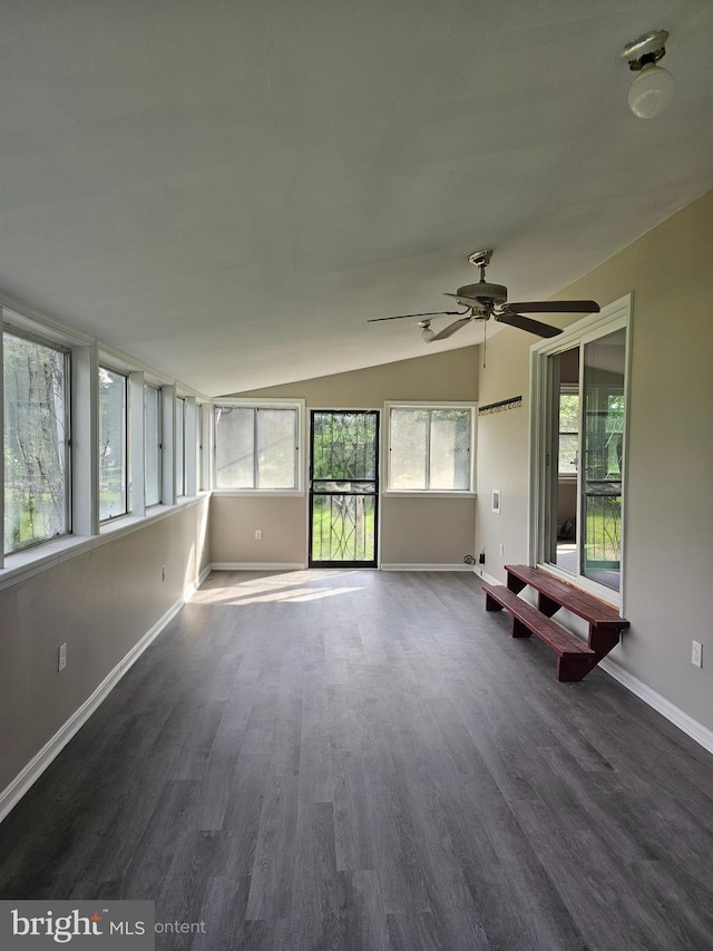 36652 Woodbush Dr, Bushwood, MD 20618 - unfurnished living room featuring dark wood finished floors, vaulted ceiling, and ceiling fan