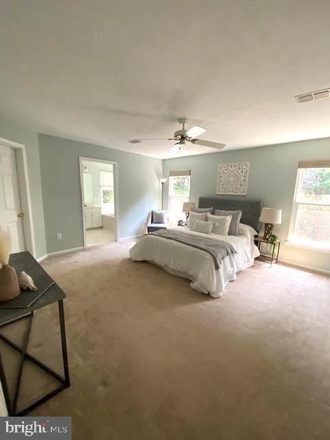 2 Raindrop Cir, Reisterstown, MD 21136 - bedroom with carpet floors, multiple windows, a ceiling fan, and ensuite bath