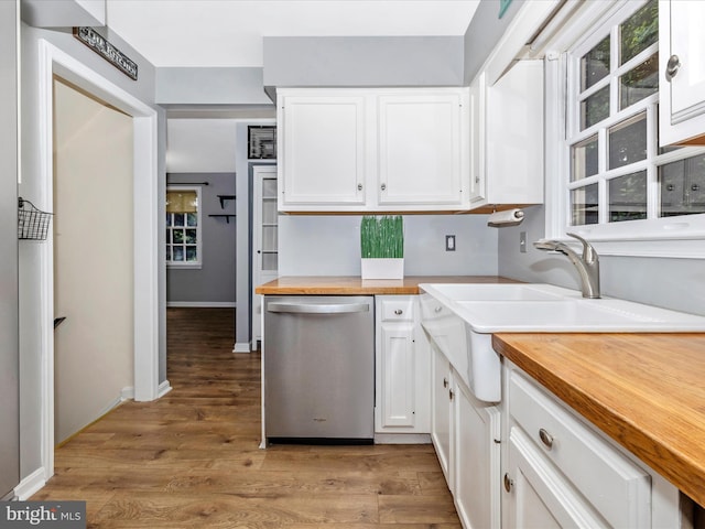 6848 Whistling Swan Way, New Market, MD 21774 - kitchen featuring stainless steel dishwasher, wood counters, white cabinets, and light wood finished floors