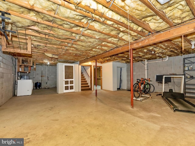 11258 Putman Rd, Thurmont, MD 21788 - unfinished basement with washer / clothes dryer, stairs, and concrete block wall