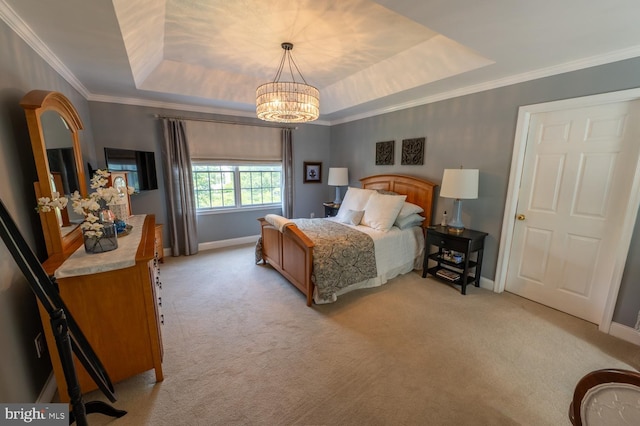 2440 Saddlebrook Rd, Macungie, PA 18062 - bedroom with a raised ceiling, a chandelier, light carpet, baseboards, and ornamental molding