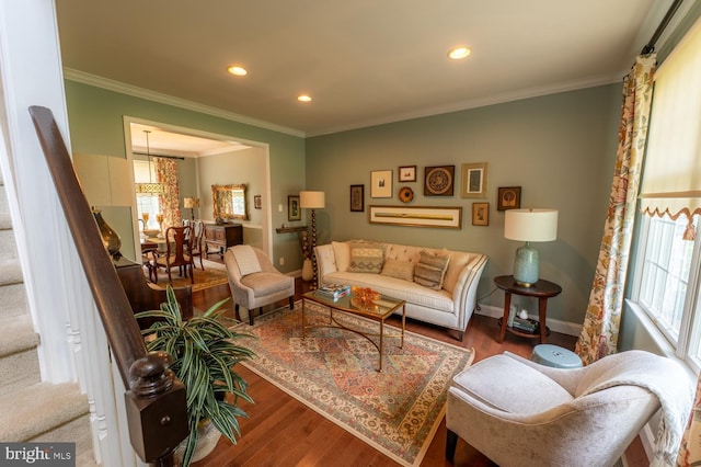 2440 Saddlebrook Rd, Macungie, PA 18062 - living room with wood finished floors, crown molding, stairway, recessed lighting, and baseboards