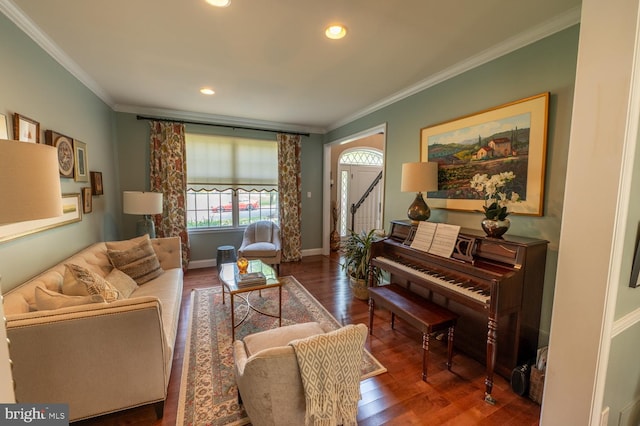 2440 Saddlebrook Rd, Macungie, PA 18062 - living area with crown molding, stairway, wood finished floors, baseboards, and recessed lighting