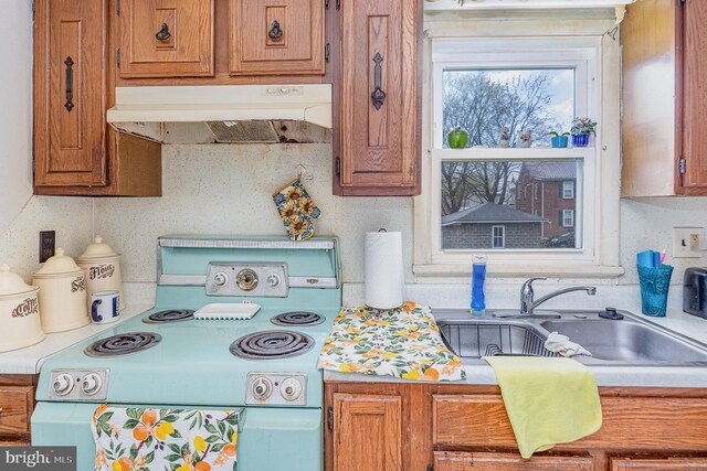 17 Clark St, Duncannon, PA 17020 - kitchen featuring electric range, under cabinet range hood, brown cabinetry, and light countertops