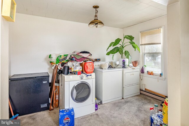 17 Clark St, Duncannon, PA 17020 - washroom with washer and clothes dryer, baseboard heating, and light colored carpet
