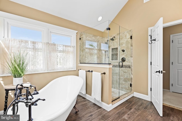 6 Windrose Cir, Doylestown, PA 18901 - bathroom featuring a freestanding bath, a stall shower, wood finished floors, and lofted ceiling