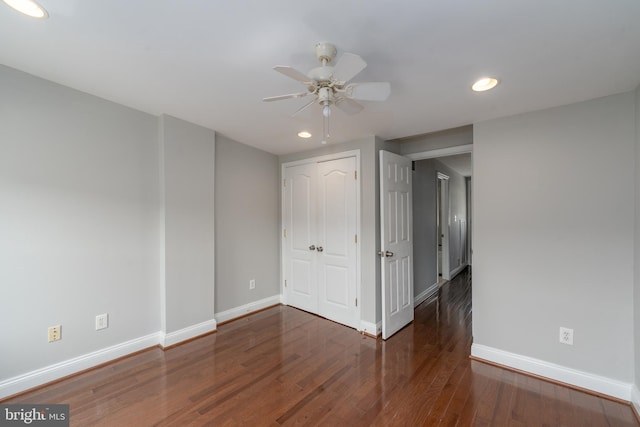 518 Scott St, Baltimore, MD 21230 - unfurnished bedroom with baseboards, recessed lighting, wood finished floors, a closet, and ceiling fan