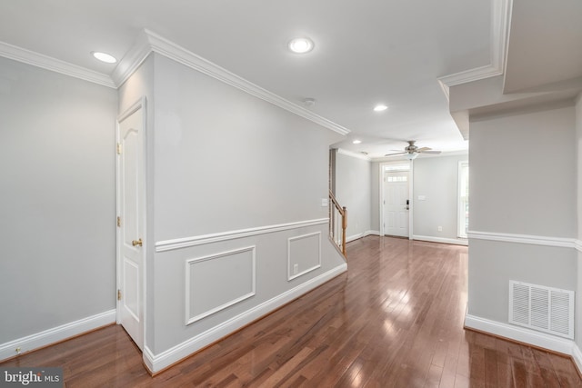 518 Scott St, Baltimore, MD 21230 - corridor with recessed lighting, crown molding, wood finished floors, stairway, and baseboards