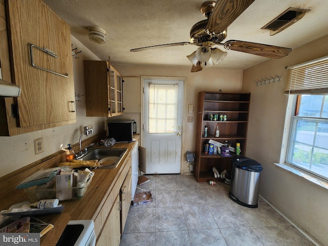 3486 Marble Arch Dr, Pasadena, MD 21122 - kitchen featuring a sink, a ceiling fan, healthy amount of natural light, and black microwave